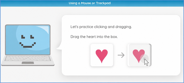 A Kindergarten lesson screen titled "Using a Mouse or Trackpad" prompting the student to drag a heart into a box.
