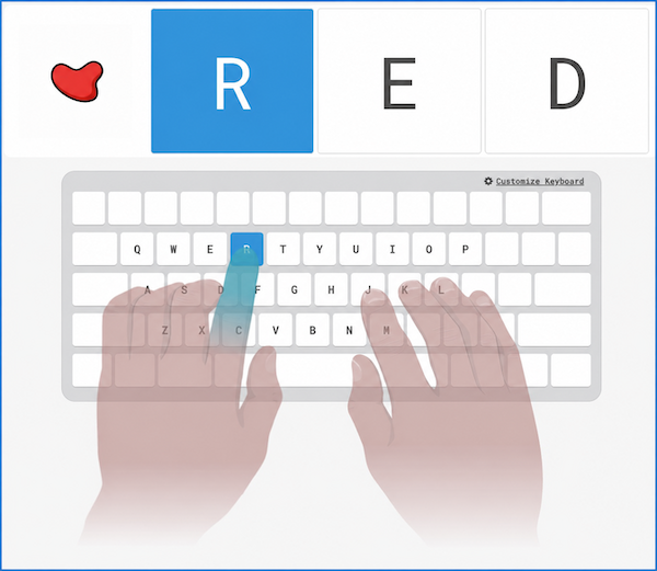 A 1st grade word-typing screen showing a heart and the letters R-E-D, with an on-screen keyboard and hands highlighting the correct finger.