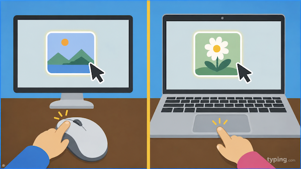 Four panels comparing pointing devices: a desktop monitor and a laptop screen with cursors, a hand resting on a mouse, and a finger on a trackpad.